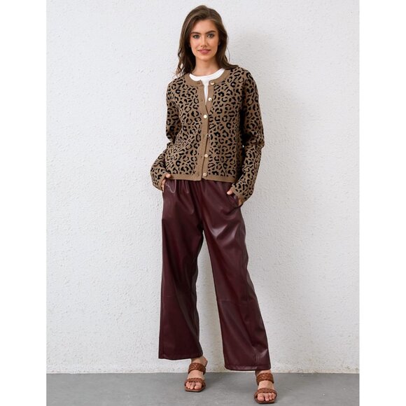 Leopard Cardigan Cotton Blend Long Sleeve Open Front Button Casual Top - Picture 5 of 6